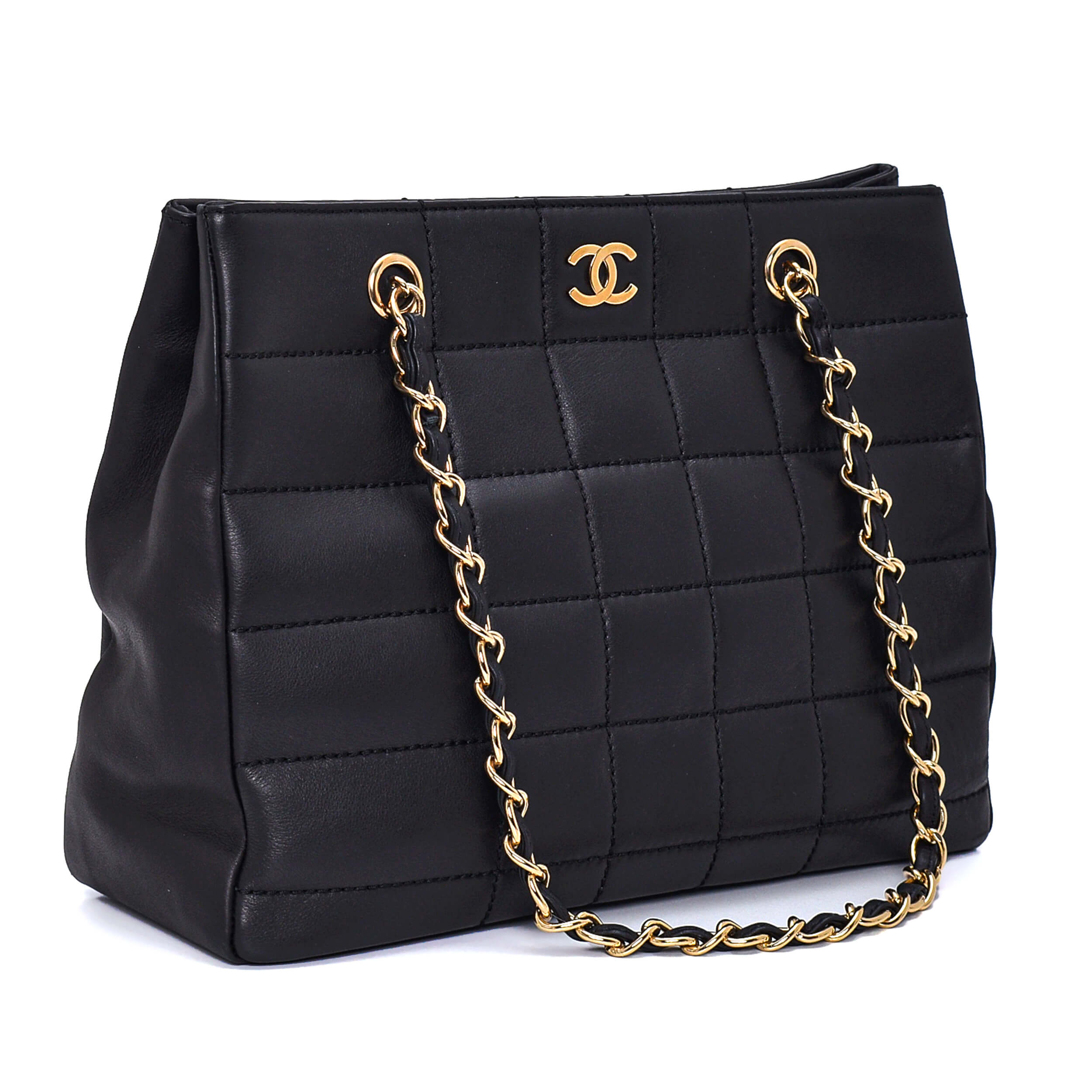 Chanel - Black Lambskin Leather Square Stitch Vintage Tote Bag